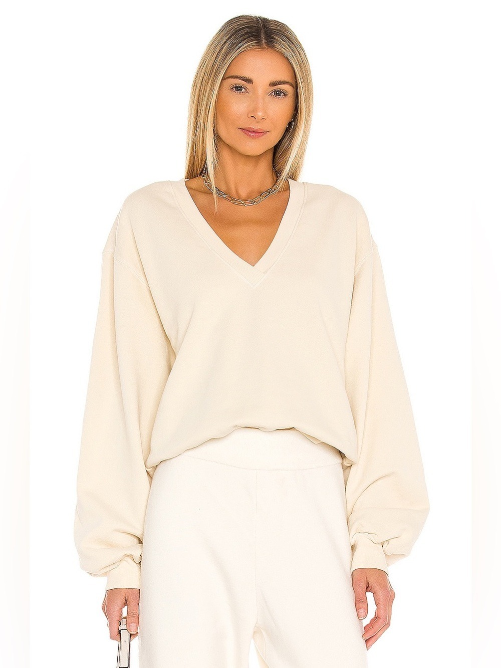 AGOLDE Low V-Neck Sweatshirt Medium Cream Ivory Heavyweight Pullover A7057